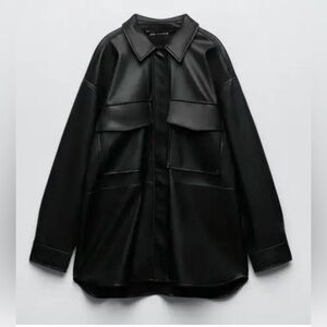 Zara Black Faux Leather Shirt Jacket